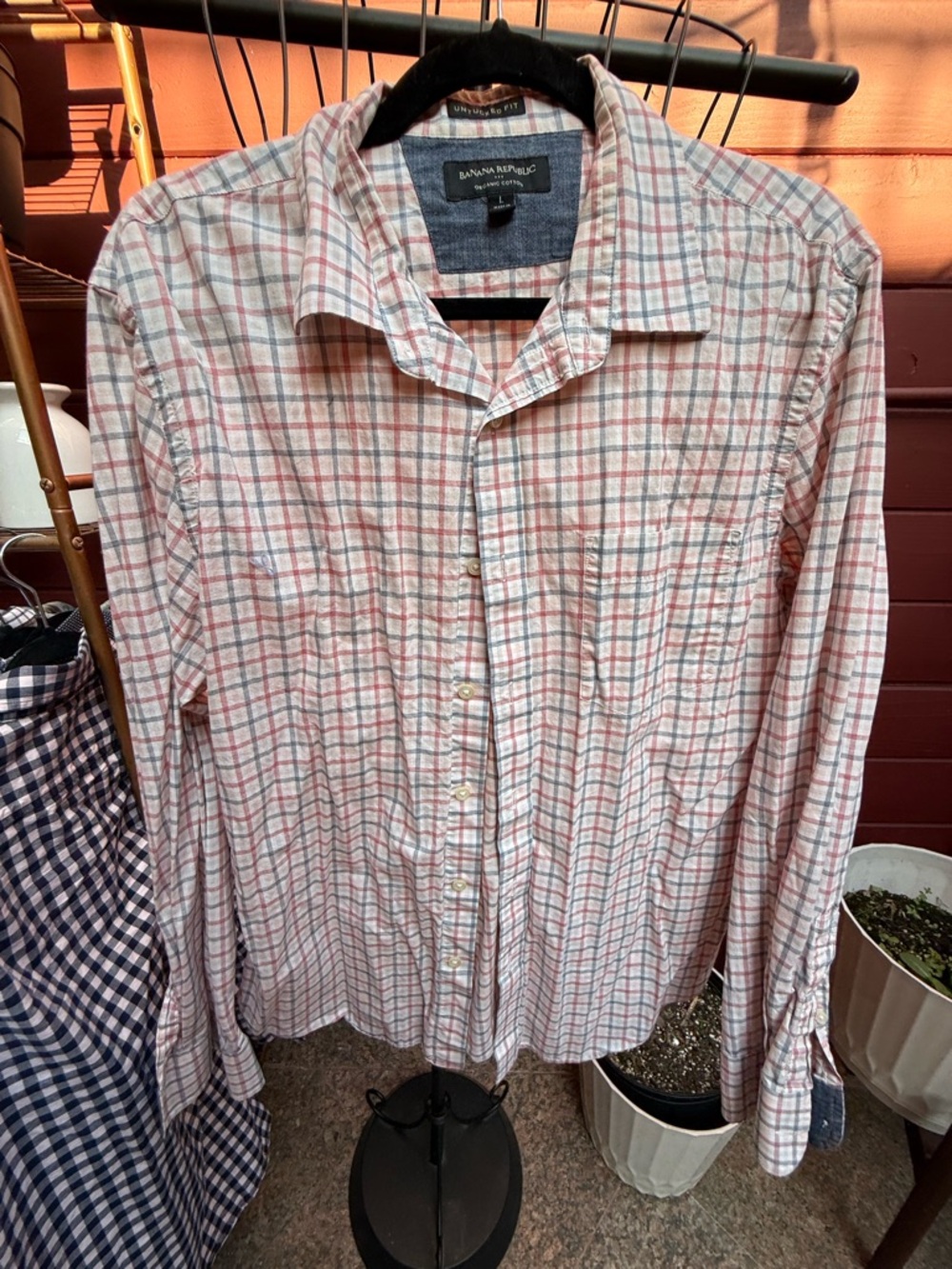 Banana Republic Men's White and Red Plaid Button-Down Shirt